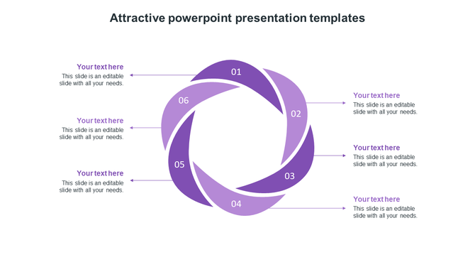 Circular diagram in shades of purple with six segments, each numbered and pointing to text boxes.
