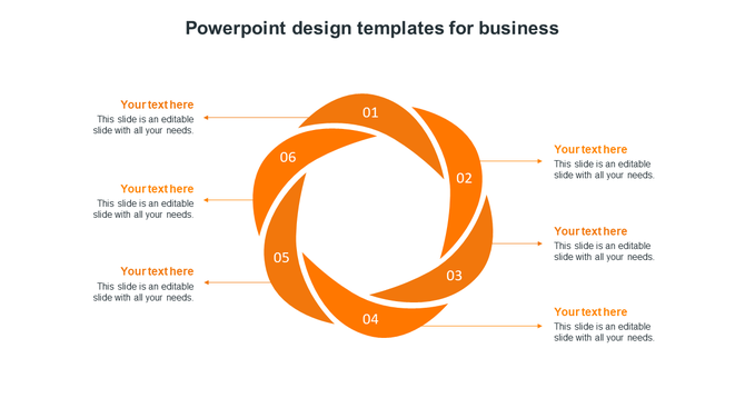 Business slide with a six part orange diagram like a swirl each placed with captions placed in a white backdrop.