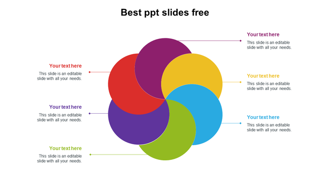 Circular infographic with six overlapping petals in different colors, each connected to matching text areas on both sides.