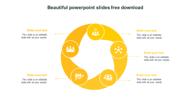 Circular design with five connected yellow sections, featuring icons, each linked to text fields.