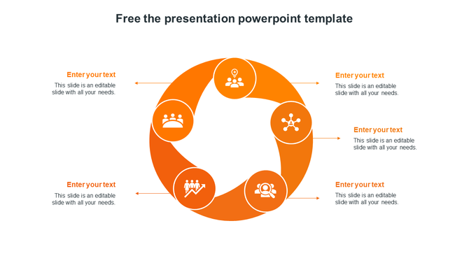Circular orange infographic with five business icons, each linked to text areas on both sides with orange arrow pointers.