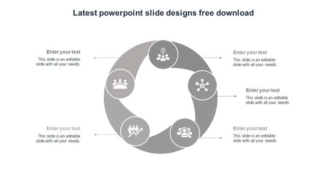 Circular flow diagram with five gray sections containing icons and text placeholders, arranged around the center.