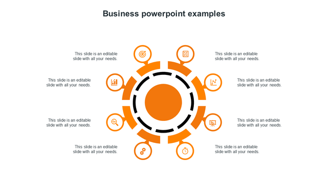 Circular orange business diagram with ten segments, each linked to icons and surrounding text boxes arranged symmetrically.