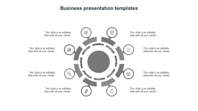 Gray circular business graphic with ten segments, each connecting to icons in circles and text boxes evenly spaced around.