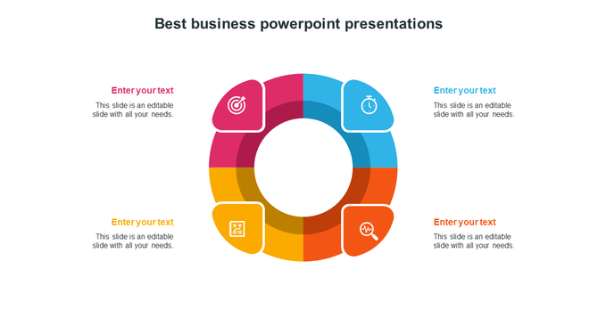 Colorful circular best business PPT template with four labeled sections, each containing an icon and text placeholders.