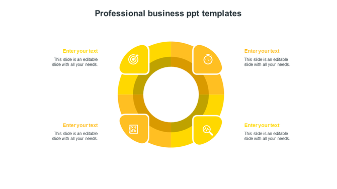 Professional diagram with yellow ring, featuring target, stopwatch, strategy, and analysis icons paired with text areas.