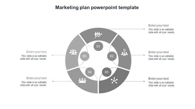 Marketing diagram with five gray segments, central label, and arrows pointing to placeholders on either side of the slide.