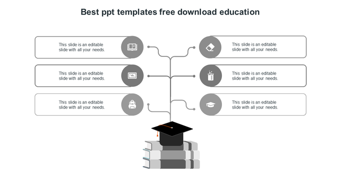 Education themed diagram with six gray icons linked to caption boxes, branching from a central stack of books with a cap.