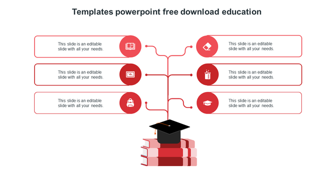 Education infographic with six red circular icons and caption boxes, branching from books with a black cap at the center.