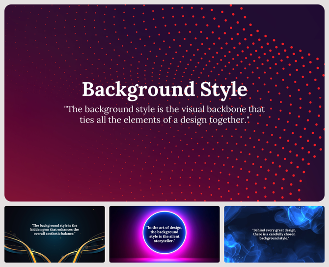 PowerPoint slides showcasing artistic background styles with modern gradient and abstract designs.