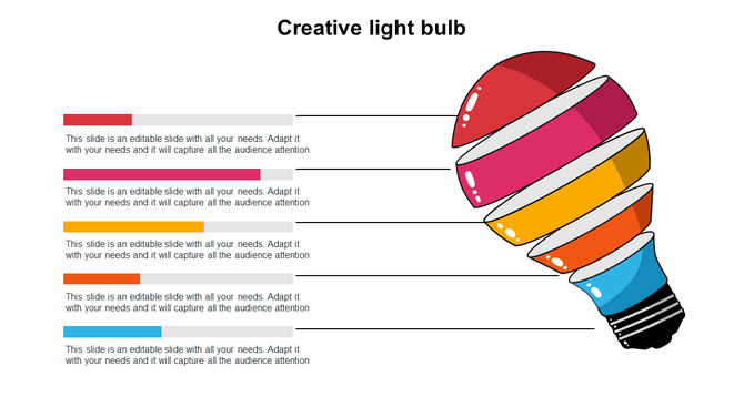 Creative light bulb design with five curved colored segments connected to text boxes aligned on the left side. 
