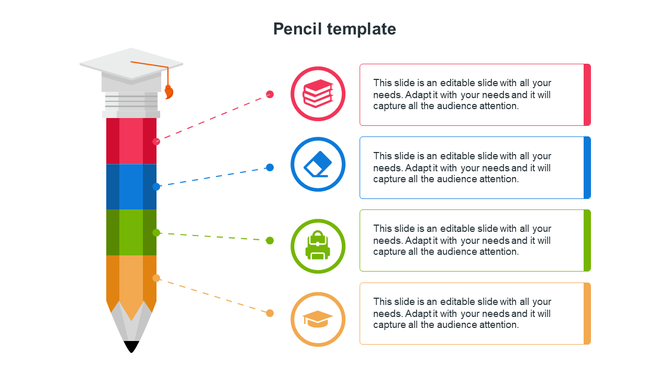Vertical pencil infographic with a graduation cap and four colored section, each linked to an icon and placeholder text box. 
