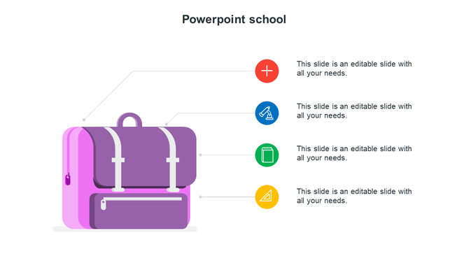 Purple backpack illustration paired with four colorful icons in red, blue, green, and yellow, connected by lines.