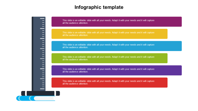 Vertical ruler infographic with six horizontal colored bars for captions in maroon, yellow, blue, green, purple, and red.