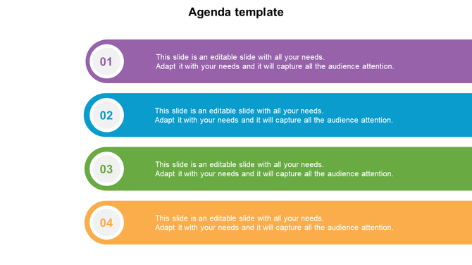 Agenda infographic with numbered steps in purple, blue, green, and orange bars, each featuring space for custom text.