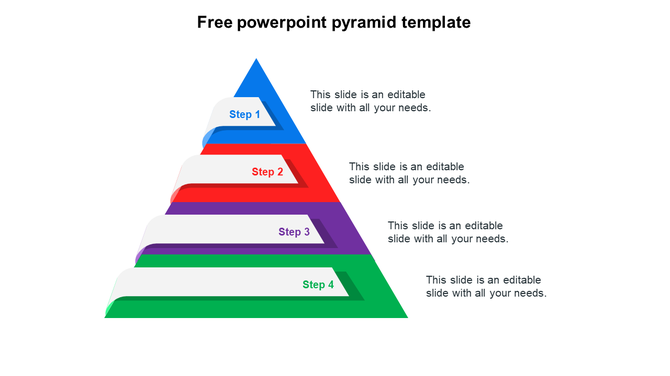 Colorful four step pyramid infographic PPT slide with labeled sections and text placeholders on a white backdrop.