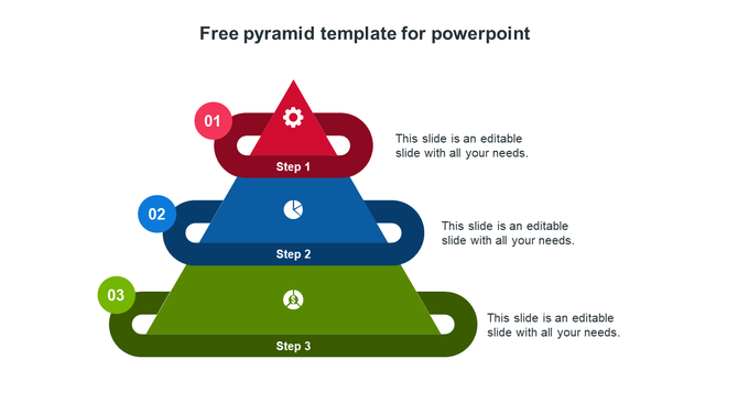 Layered pyramid diagram showing 3 steps in red, blue, and green, with numbered circular icons and text.