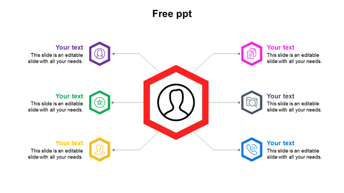 PPT slide with a central figure icon and six surrounding icons connected by lines, each with text.