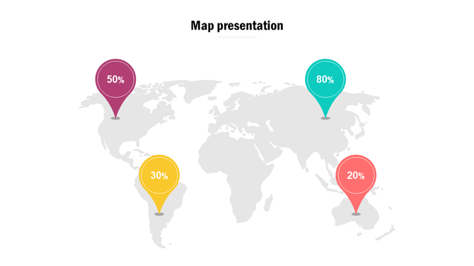 World map with four colorful location pins labeled 50%, 30%, 80%, and 20%, placed over America, Asia, Oceania, and Africa.