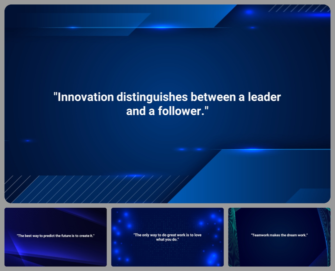 Blue themed slide deck with glowing diagonal lines, rectangular text boxes, and modern digital design elements.
