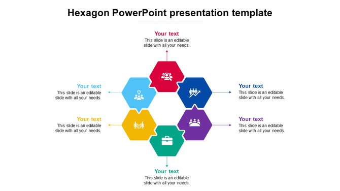 Hexagon infographic with six colorful icons forming a central cluster, each connected to placeholder text on all sides.