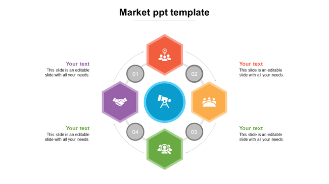Colorful hexagons in orange, yellow, green, and purple, arranged in a circular flow with numbered sections.
