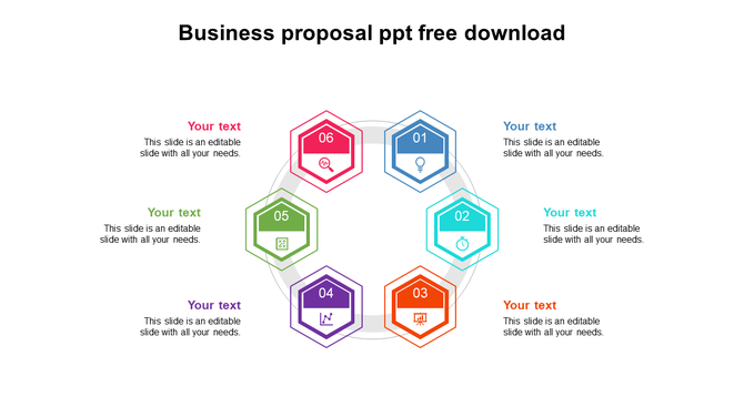 Hexagonal diagram with six colorful icons connected in a circular layout, each paired with text sections around.