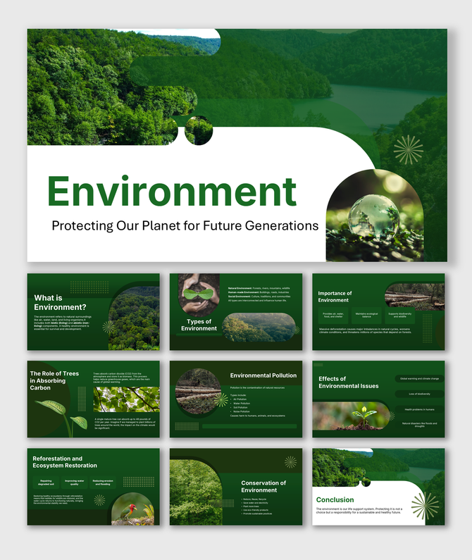 Environment PowerPoint with on sustainability, pollution, conservation, climate change, and ecosystem protection topics.