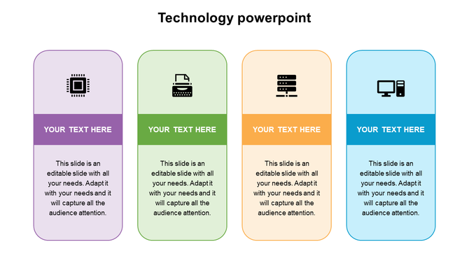 Technology PowerPoint template featuring four colorful vertical infographic sections with tech related icons.