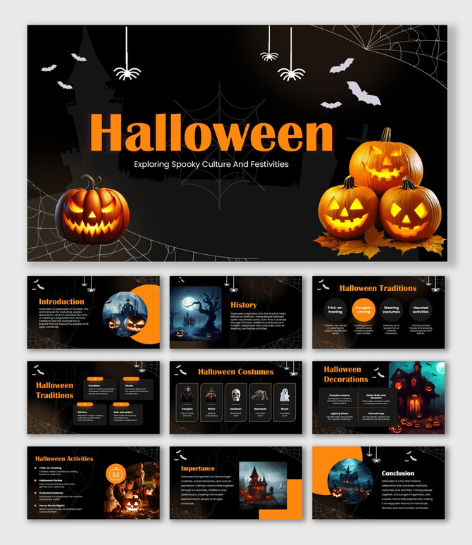 Halloween black slide with pumpkins, bats, spiders, webs, castle, text holders and shapes.