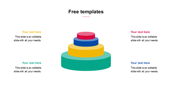 A multi layered, colorful 3D stacked diagram with text placeholders around it on a white backdrop.