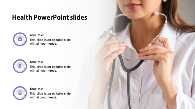 Health-themed slide featuring a doctor with a stethoscope and three medical icons, each with a placeholder text areas.