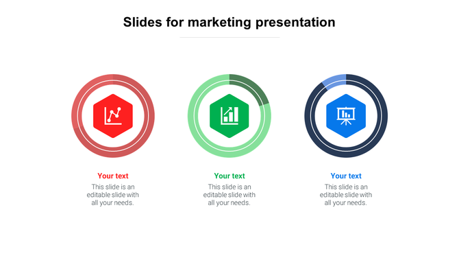 Marketing slide with three colorful ring diagrams featuring icons of a chart, bar graph, and presentation board.
