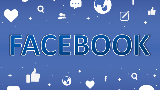 Facebook slide with bold text centered, surrounded by various white social media icons, set against a blue background.