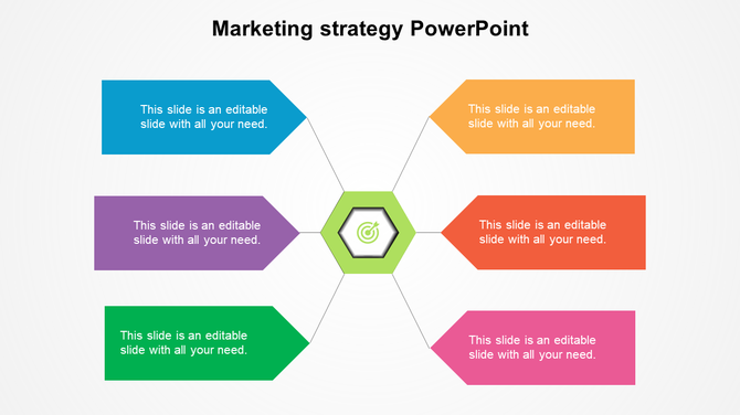 Marketing strategy layout with six color coded segments radiating from a green hexagon with a target icon in the center.