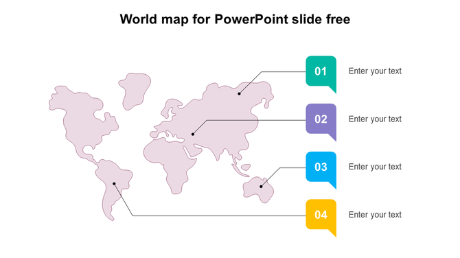 A world map for PowerPoint with markers on different countries, each labeled with numbered text boxes for custom input.
