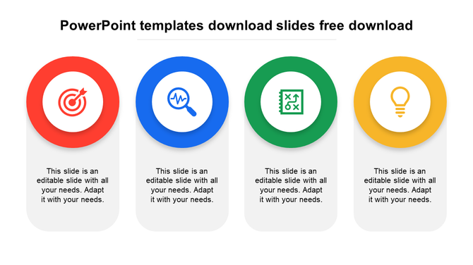 Four circular icons in red, blue, green, and yellow with captions below, set on a white background.