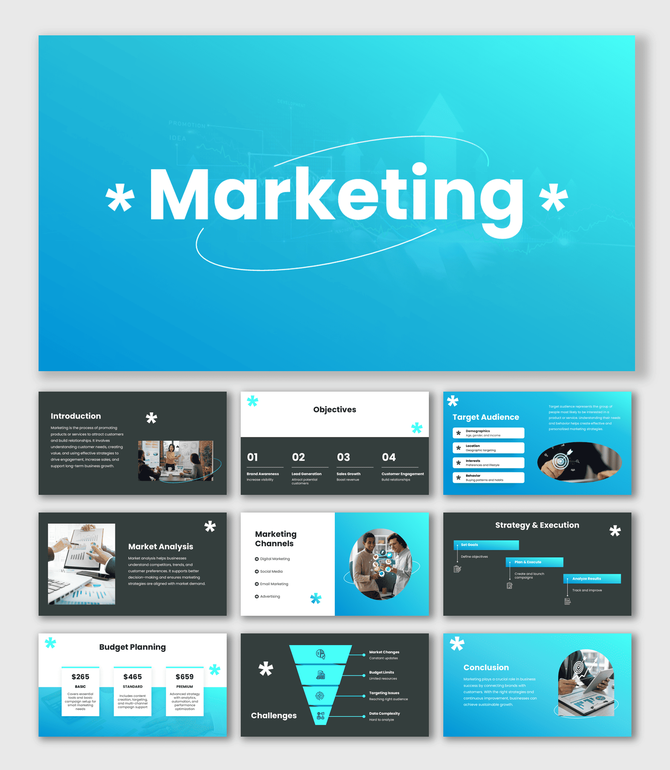 PowerPoint Template Marketing with blue gradient, charts, icons, shapes, business images and strategy slides.