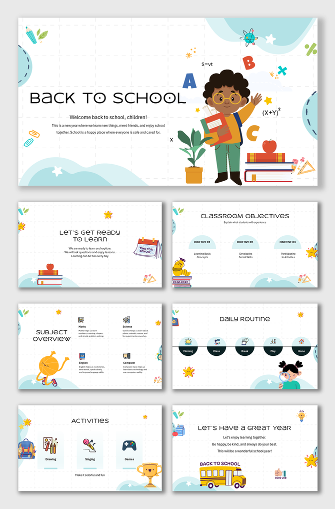 Back To School Presentation PowerPoint Template helps teachers welcome students with fun slides routines subjects.