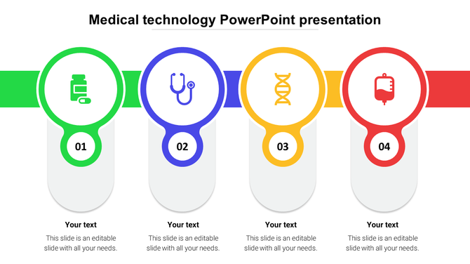 Four numbered medical technology icons in distinct colors, aligned horizontally with descriptive placeholders text .