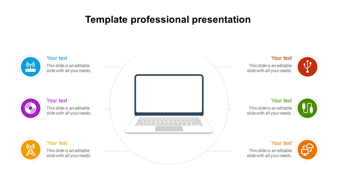 Professional laptop illustration at center with six circular icon around it, each linked to  text blocks in different colors.