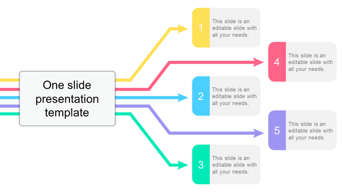 Simple one-slide presentation with colorful numbered arrows pointing to text boxes with placeholder text.