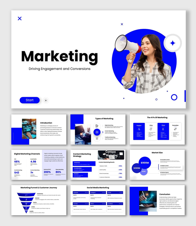 marketing slide with blue shapes, megaphone image, icons, charts, and structured text sections.