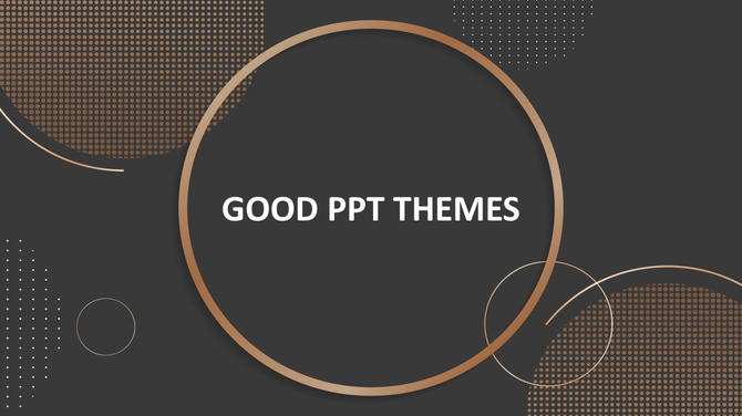 Minimalist black background slide featuring bronze gradient rings, dotted patterns, and centered white title text.