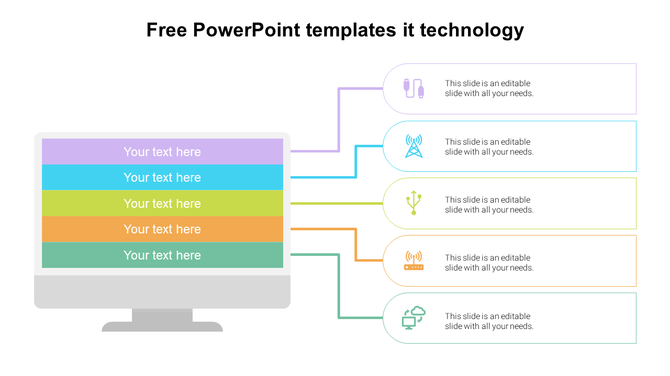 Illustration of a computer screen with five colorful horizontal text bars linked to corresponding icons on the right.