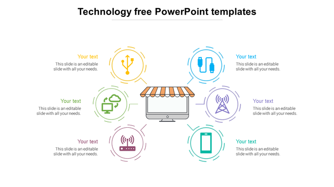 Technology slide with six circular icons in blue, purple, teal, red, green, and yellow, around a computer screen.