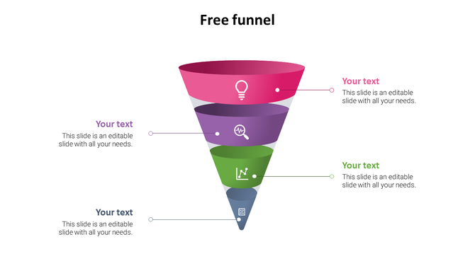 Slide with a four-layered funnel in pink, purple, green, and blue, each with icon and connected to text.