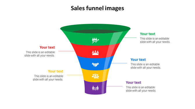 Layered sales funnel infographic in various colours with icons and placeholders text areas for each level.