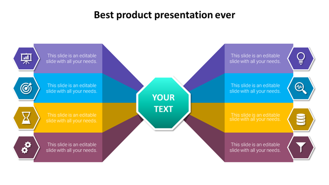 Colorful product slide with eight hexagonal icons on both sides pointing to a central teal octagon for custom text.