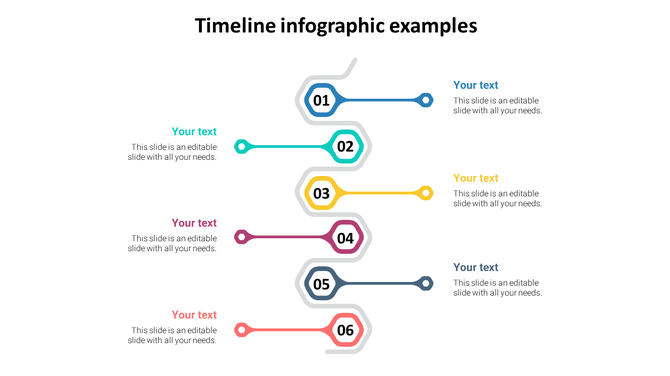 A vertical six-step timeline infographic with colorful number markers from 01 to 06, each connected to text placeholder.